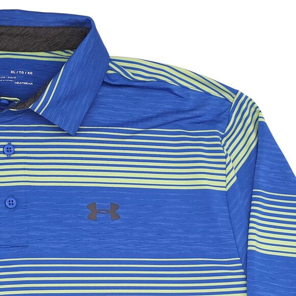 Under Armour Golf Polo Mens XL Blue Green Stripes Loose Fit Heatgear Performance - Picture 3 of 12